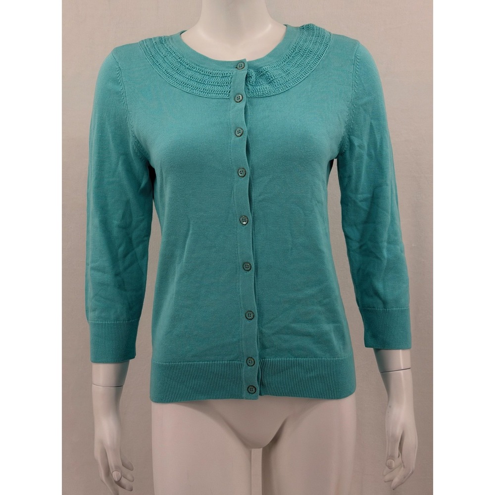 Talbots Sweater Womens Medium‎ Blue Button Up Cardigan Knit Office Church Staple